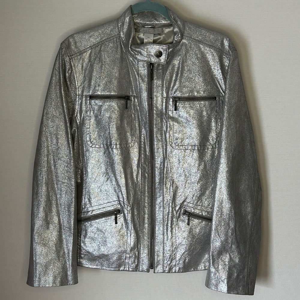 Vintage Chicos Metallic Silver Leather Moto Jacket 2 Large Zip Utility Bikercore